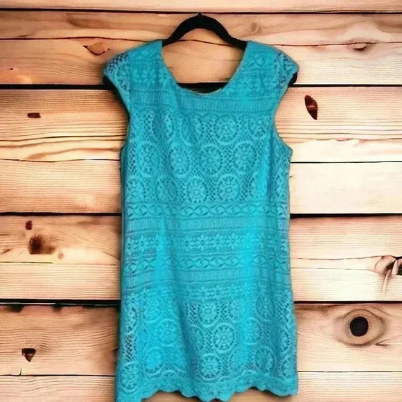 Xhilaration Women's Teal Lace Overlay Sise Large Cap-Sleeve Dress Size Large - Picture 2 of 4